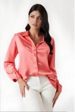 Kadın Somon Hafif Dökümlü Saten Yüzeyli Gömlek HZL22W-BD139641