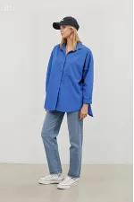 Kadın Mavi Oversize Uzun Basic Gömlek HZL22W-BD139001