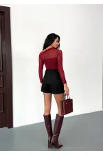 Kadın Bordo Tül Garnili Uzun Kol Şık Rahat Bluz HZL25W-FRY123541