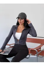 Women's Anthracite Diving Fabric Zippered Finger-Tight Sweatshirt HZL25W-FRY123441