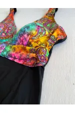 Women's Black Multicolored V-Neck Swim Trunks HZL25S-LC4008