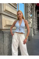 Chemisier dos nu en lin bleu pour femme HZL24S-ZK11081