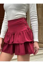 Kadın Bordo Kuş Gözlü Fır Fır Detaylı Mini Etek HZL25W-ZK11391