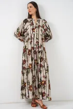Robe longue hijab à motifs pour femme 2585 - Beige café