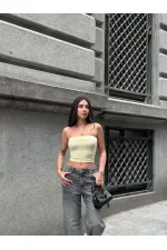 Kadın Sarı Katlamalı Straplez Bluz HZL24S-ZK11301