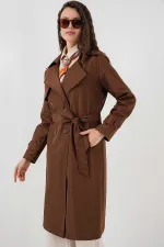Women's Brown Double-Breasted Belted Lined Trench Coat HZL25W-BD159181