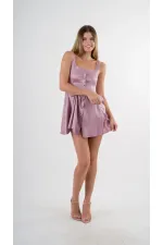 Kadın Gül Kurusu Askılı Önden Düğmeli Cepli Beli Lastikli Şortlu Elbise HZL24S-YY197