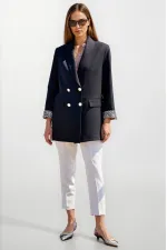 Blazer noir à boutons et doublure léopard pour femme HZL25W-BD107041