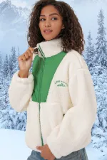 Veste zippée en fausse peau de mouton imprimée vert écru pour femme, doublée de peluche HZL25W-BD151941