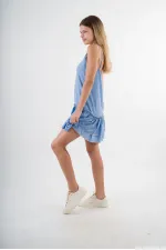 Kadın Mavi V Yaka İp Askılı Eteği Pileli Güpür Detaylı Elbise HZL24S-YY244