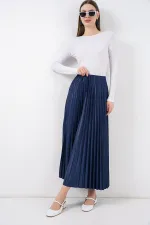 8009 Deri Görünümlü Piliseli Etek - Lacivert