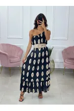 Kadın Siyah Baskılı Omuzdan Bağlamalı Astarsız Uzun Elbise HZL24S-DSB135911