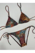 Ensemble bikini triangle dos nu à motif ethnique marron pour femme HZL25S-LC5005