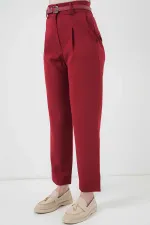 Kadın Bordo Yüksel Bel Kemerli Kumaş Pantolon HZL25S-BD167251