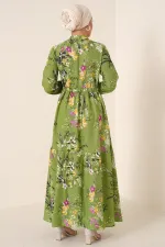 2144 Hakim Yaka Tesettür Elbise - G.Yeşil