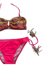 Kız Çocuk Fuşya Çok Renkli  İp Detaylı Astarlı 4-12 Yaş Üçgen Bikini Takım HZL24S-LC1904
