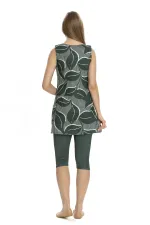 Maillot de bain semi-couvrant sans manches à motif feuilles kaki pour femme HZL25S-AR152/505