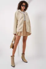 Sweat-shirt oversize en peluche à fermeture éclair et poches crème pour femme HZL25W-FRY1554461