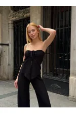 Kadın Siyah Boyundan Bağlamalı Staplez Bluz HZL25S-ZK13581