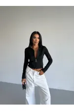 Women's Black Diving Fabric Zippered Finger-Tight Sweatshirt HZL25W-FRY123441