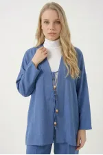 Kadın Lacivert Keten Bağlama Detaylı Kimono Pantolon İkili Takım HZL26S-BD167271