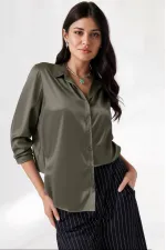 Kadın Haki Hafif Dökümlü Saten Yüzeyli Gömlek Hzl22w-bd139641