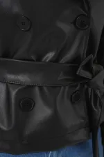 Veste en similicuir doublée noire avec ceinture pour femme HZL25W-BD110461
