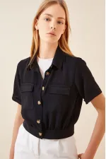Women's Black Pocket Buttoned Short Sleeve Summer Crop Shirt Jacket HZL22S-BD106631