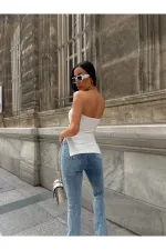 Kadın Beyaz Yanı Büzgülü Çift Yırtmaçlı Straplez Bluz HZL24S-ZK13091