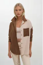 Kadın Kahverengi Krem Renk Bloklu  Poplin Basic Gömlek HZL22S-BD1201161