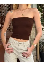 Kadın Kahverengi Katlamalı Straplez Bluz HZL24S-ZK11301