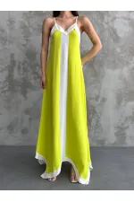 Kadın Fıstık Yeşili Beyaz Detaylı Asimetrik Kesim V Yaka İp Askılı Elbise HZL24S-MJ113041