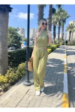 Kadın Fıstık Yeşil Gofre Kumaş Tek Omuz Bluz HZL25S-ZK13271