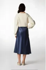 Kadın Lacivert Saten Yüzeyli Beli Lastikli Midi Boy Etek Hzl23s-bd1101471