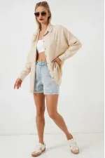 Kadın Bej Oversize Çift Cepli Keten Gömlek HZL22S-BD1201261