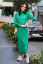 Robe longue en maille côtelée verte à col zippé pour femme HZL24W-BD1102271