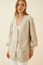 Women's Beige Hair Knit Pattern Long Buttoned Casual Cut Knitwear Cardigan HZL23W-BD1100691