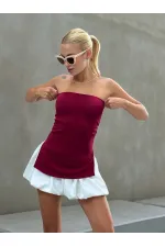 Kadın Bordo Yanı Büzgülü Çift Yırtmaçlı Straplez Bluz HZL24S-ZK13091