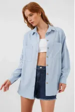 Kadın Buz Mavi Oversize Çift Cepli Keten Gömlek HZL22S-BD1201261