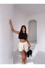 Kadın Açık Krem Bağlama Detay Müslin Şort HZL25S-DSB2323