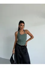 Kadın Yeşil Ottoman Kumaş Halter Yaka Toka Detay Bluz HZL26W-FRY123321