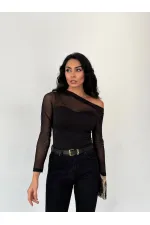 Kadın Siyah Tül Garnili Uzun Kol Şık Rahat Bluz HZL25W-FRY123541