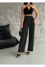 Kadın Siyah Yüksek Bel Bol Paça Cepli İthal Keten Pantolon HZL24S-FRY121821