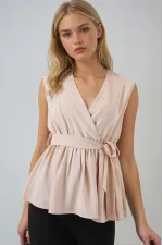 Chemisier beige croisé à ceinture élastique pour femme HZL25S-BD19661