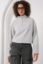 55449 Zip-Up Collar Knitted Sweatshirt - Grey