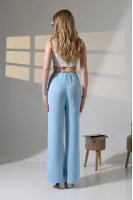Kadın Mavi Beli Lastikli Müslin Kumaş Bol Paça Pantolon HZL25S-DSB12221