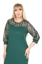 Kadın Zümrüt Yeşil Büyük Beden Flok Kol Elbise HZL26S-PR11161