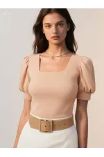 Kadın Bisküvi Kare Yaka Örme Bluz HZL22W-BD104091