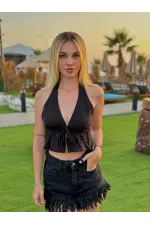 Kadın Siyah Boyundan Bağlamalı Sırtı Açık Keten Bluz HZL24S-ZK11081