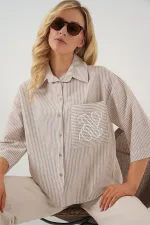 Kadın Tek Cep Nakışlı Gömlek 20328 - Bej